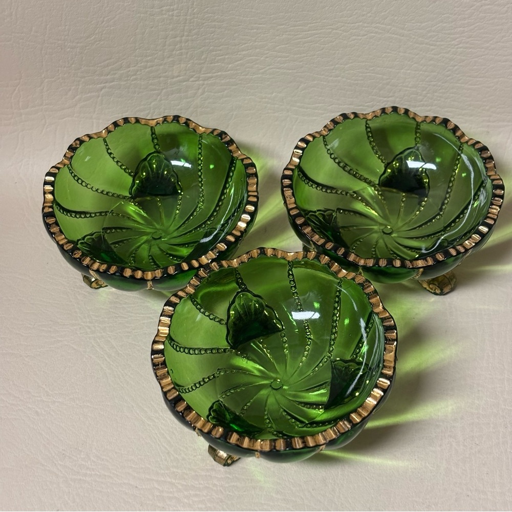 Set of 3 Antique EAPG Duncan Miller & Sons Beaded Swirl Green & Gold Glass Bowls